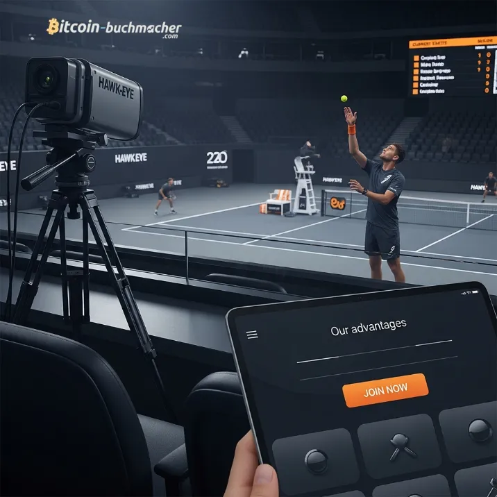 Technologische Analyse eines Sportspiels, dargestellt durch eine Hawk-Eye-Kamera und eine Wett-App auf einem Tablet, die statistische Vorteile symbolisiert.