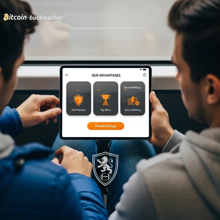 Zwei Personen analysieren eine Krypto-Wett-App auf einem Tablet, die Vorteile wie schnelle Auszahlungen und sichere Wetten für das Spiel Republik Korea gegen Tschechien anzeigt.