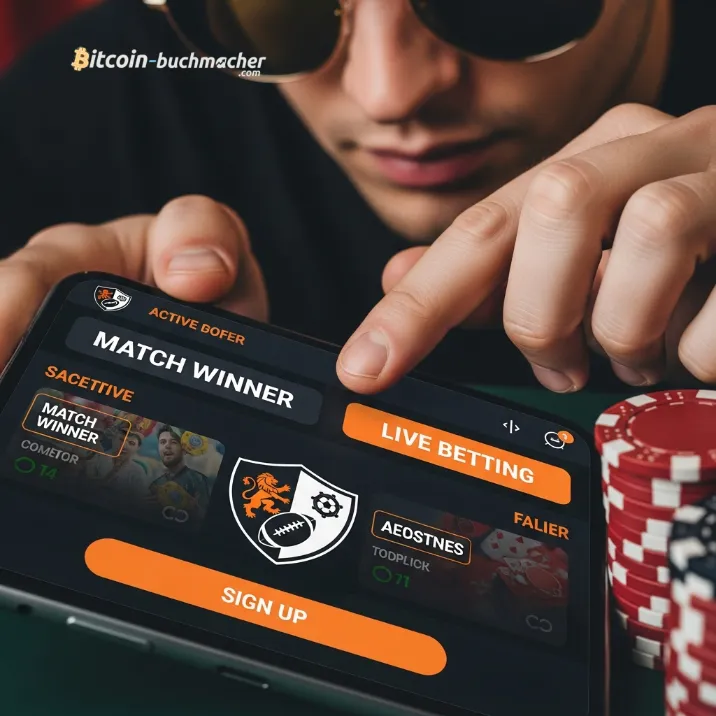 Nahaufnahme einer Person, die auf einem Smartphone eine Sportwetten-App mit Quoten für Fußballspiele bedient, um die Bequemlichkeit von mobilen Krypto-Wetten zu veranschaulichen.