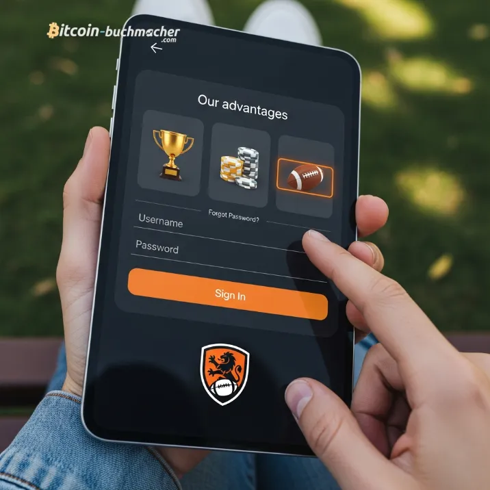 Hände, die mit einem Tablet interagieren, das den Login-Bildschirm einer Krypto-Sportwetten-App anzeigt, um Fragen zur Kontoerstellung im FAQ-Bereich zu beantworten.