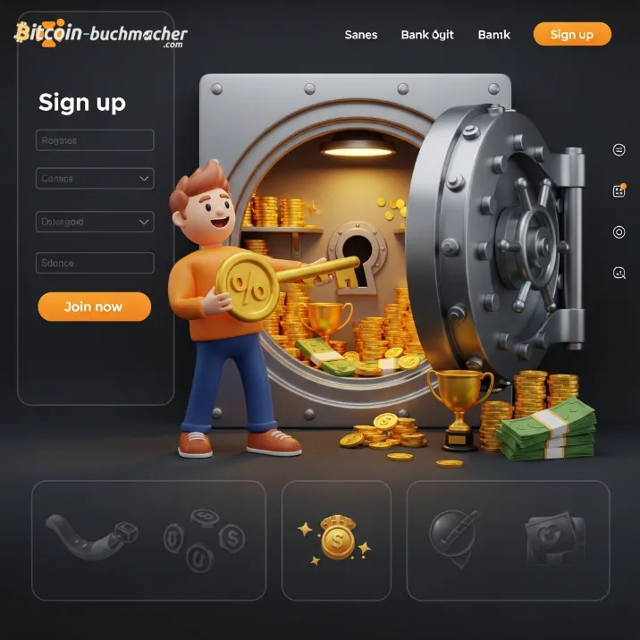 Symbolbild für sichere Krypto-Wetten, das einen Tresor voller Gold und ein Anmeldeformular zeigt, um die Sicherheit und Anonymität von Bitcoin-Wetten zu verdeutlichen.