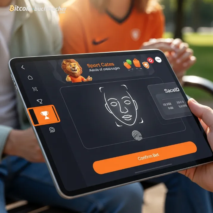 Tablet mit einer Sportwetten-App, die biometrische Verifizierung anzeigt, um die Sicherheit und Anonymität von Krypto-Wetten zu verdeutlichen.